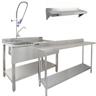 MonsterShop KuKoo Commercial Sink With Pre-Rinse Tap, 6ft Stainless Steel Catering in Silver