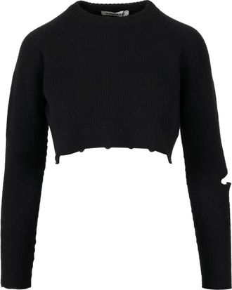 A Paper Kid Zwarte Crop Sweatshirt met Split en Logo Tag - Dames - Ronde hals truien - Zwart - L - Katoen - Truien & Vesten