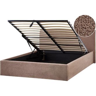 Beliani Boucle eu Double Size 4ft6 Bed Frame Headboard Lift Up Storage Brown Orbey