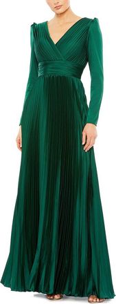 Mac Duggal Pleated Long Sleeve V-Neck Gown