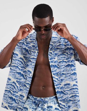 GANT Camicia con collo a rever blu con stampa onde vintage