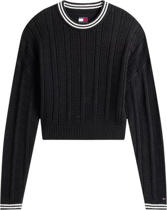 Tommy Jeans Flag Kabel Gebreide Relaxte Jumper - Dames - Ronde hals truien - Zwart - L - Katoen - Truien & Vesten