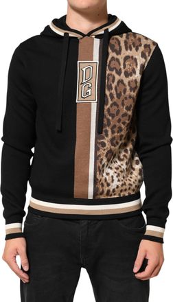 Dolce & Gabbana Black Leopard Logo Hooded Sweatshirt Mens Sweater