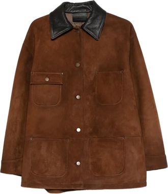 Prada logo-detail suede jacket - women - Suede/Polyamide/Polyurethane/Elastane/Calf Leather - 38 - Brown