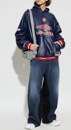Balenciaga Leather Hoodie, Mens, Navy Blue
