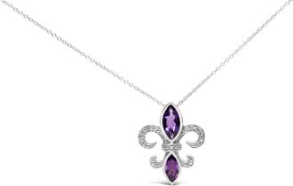 House of Brilliance 925 Sterling Silver Purple Amethyst Marquise and Diamond Accent Fleur De Lis Pendant Necklace