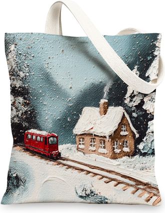 Generic Winter Christmas Steam Train Canvas Tote Bag for Shopping 13x15, Kid Whimsical Fantasy Xmas Reusable Grocery Print Pattern Bag for Women, Holiday Beac