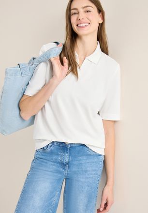 Cecil Poloshirt CECIL, Damen, Gr. XXL (46), vanillewei&szlig;, Piqu&eacute;, Obermaterial: 48% Baumwolle, 48% Modal, 4% Elasthan, unifarben mit Farbeinsatz, normal h&uuml;ftb