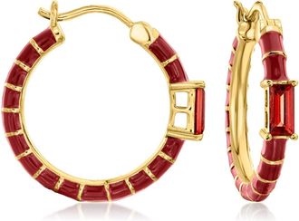 Ross-Simons Garnet and Red Enamel Hoop Earrings in 18kt Gold Over Sterling