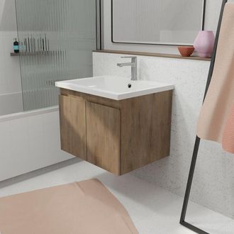 Aurlane Mobile da bagno sospeso 75 cm Decorazione in legno chiaro - 2 porte - Lavabo bianco - elementary