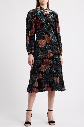 Elie Tahari The Becca Long Sleeve Floral Velvet Burnout Midi Dress in Black/Birds Of Paradise at Nordstrom, Size 16