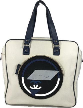 Chanel Blue White Leather Canvas Shoulder Bag Tote Bag (Pre-Owned)