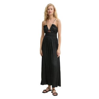 Sessun Jurk met V-hals en plooien - Dames - Maxi kleedjes - Zwart - L - Polyester - Kleedjes