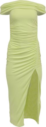 Self Portrait Off-Shoulder Ruched Midi Dress in Lime Green Viscose