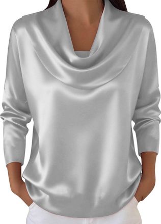 Generic Tops for Women Satin Silk Blouse Cowl Neck Long Sleeve Ladies Tshirts Solid Colour Pleated Turndown Collar Fashion Shirts Work Office Elegant Tunic Bl