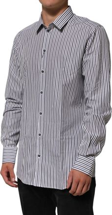 Dolce & Gabbana Black White Stripes Men Gold Dress Shirt And Cotton