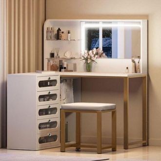 OEM &Aacute;tico De Esquina L - Espejo Led - 5 Cajones - Blanco Y Oro - Dise&ntilde;o Contempor&aacute;neo