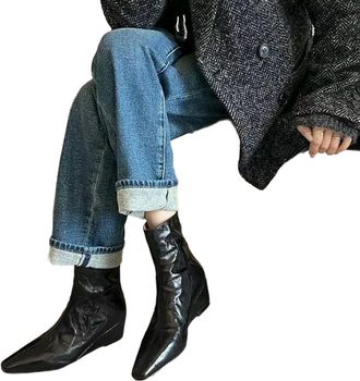 Generic GLDFW Fall/Winter Soft Sheepskin Pointed Toe Booties Womens Block Heel Low Heel Back Zip Vintage Ankle Boots Black