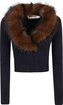 Self Portrait Cropped Knit Cardigan with Removable Faux Fur Collar