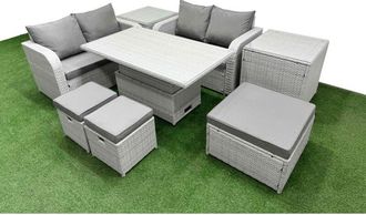 Fimous 7 Seater Outdoor Love Sofa Set Rattan Garden Furniture Set with Adjustable Lifting Dining or Coffee Table 3 Footstool Side Table Light Grey - Fimous