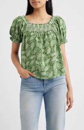 Bobeau Leaf Print Smocked Yoke Top in Green Fern Floral at Nordstrom, Size X-Large