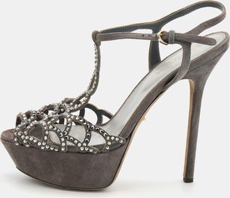 Sergio Rossi Grey Suede Embellished Strappy Scalloped Platform Sandals