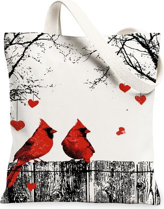 Generic ValentineS Day Red Birds Canvas Tote Bags, Artistic Heart Pattern Reusable Grocery Bags, Lightweight Washable Shoulder Str, Red, 13x15 Inch