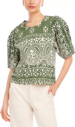 Fifteen Twenty Rosie Puff Sleeve Top In Green/off-White