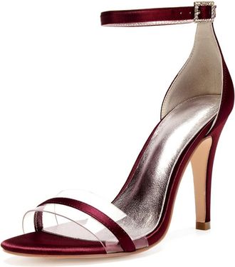 Generic Wedding Bridal Shoes Womens Bridal Stiletto Ankle Strap High Heels Prom Party Dress Open Toe Heels Sandals 10.5Cm,Burgundy,5 UK