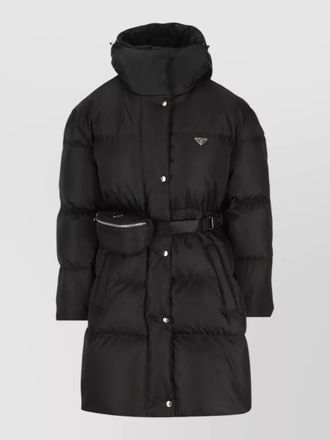 Prada long hooded jacket belted waist quilting zip