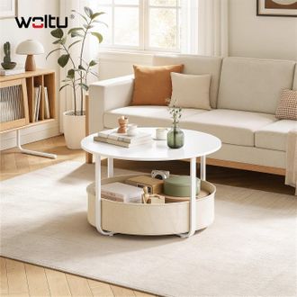 Woltu Woltu Mesa De Centro, Mesa De Sal&oacute;n, Con Cesta De Almacenamiento, Redonda, Blanca Y Beige