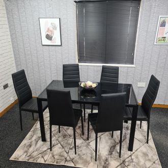 Kosy Koala Dining Table & 6 Chairs Black Glass 6 Leather Chairs Dining Room Furniture in Brown