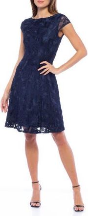 Marina Rossini Embroidered Cap Sleeve Fit & Flare Dress in Navy at Nordstrom Rack, Size Medium