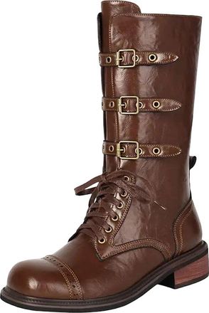 Generic Womens Knight Mid Calf Boots Round Toe Med Square Heel Lace Up Front With Belt Buckles Retro Combat Style Footwear