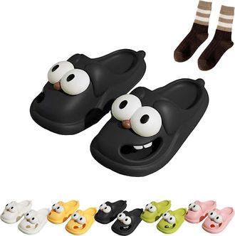 Generic Tongue Kiss Slippers, Big Eyes Dog Slippers, 3D Big Eye Dog Fun Cartoon Package Head Eva Non-Slip Slides (Black,7)