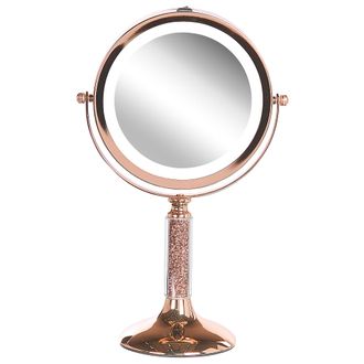 Beliani Espejo De Maquillaje Iluminaci&oacute;n Led Metal Rosa Dorado &Oslash; 13 Cm Doble Cara Magnifica 1x / 5x Baixas