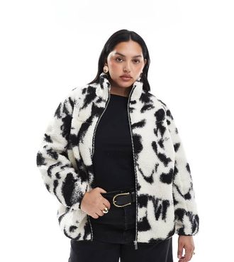 New Look Plus New Look Curve - Giacca in pile borg color panna con stampa astratta-Bianco