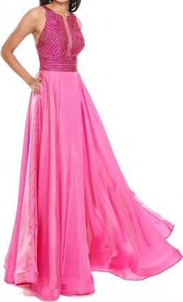 Rachel Allan Beaded Fit And Flare Prom Gown In Fuchsia