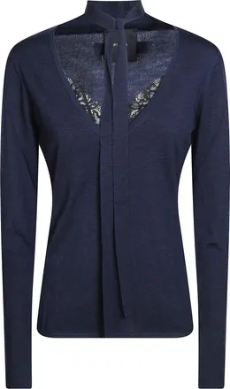 Pinko Soffio 100 Wool V-Neck Lace Trim Long Sleeve Top