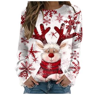 Generic Womens Ugly Christmas Sweatshirt Funny Reindeer and Snowflake Graphic Print Loose Fit Long Sleeve Tunic Top Soft Fleece Casual Warm Jumper Ugly Funny 
