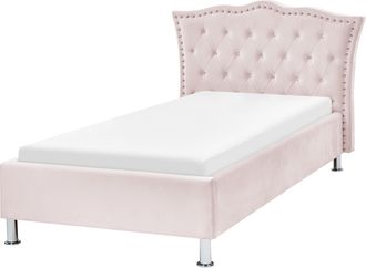 Beliani Cama Con Somier De Terciopelo Rosa Pastel Plateado 90 X 200 Cm Botones Metz