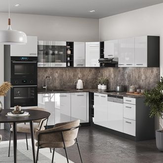 Vicco Cocina Esquinera R-line, Blanco Brillo/antracita, 237 X 60 Cm Sin Encimera