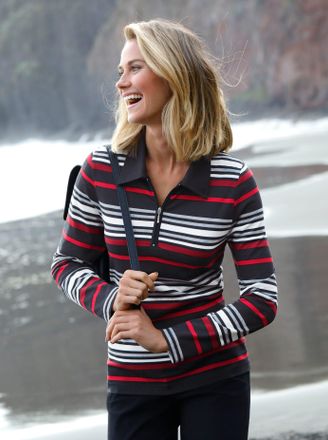 Casual Looks Poloshirt CASUAL LOOKS Shirt, Damen, Gr. 36, rot (rot, schwarz, geringelt), 50% Baumwolle, 50% Modal, gemustert, gestreift, ohne Ausschnitt, Shirts Po