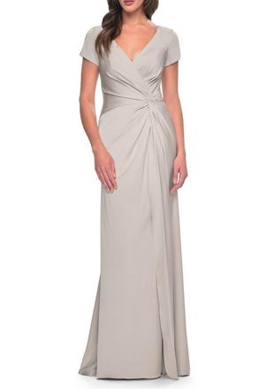 La Femme Elegant Evening Gown with V Neck and Knot in Silver at Nordstrom, Size 10