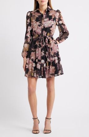 Anne Klein Long Sleeve Floral Chiffon Shirtdress in Anne Black Multi at Nordstrom, Size 14