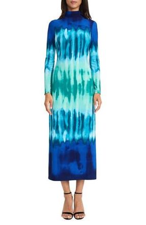 Maggy London Tie Dye Long Sleeve Column Maxi Dress in Teal Blue/Royal at Nordstrom Rack, Size 12