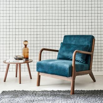 Sweeek Scandi-style Armchair In Velvet & Light Walnut-stained Hevea Wood in Beige