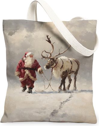 Generic Winter Reindeer Canvas Tote Bags, Santa Animal Pattern Reusable Grocery Bags, Holiday Vintage Lightweight Washable Shoulder, Beige, 13x15 Inch