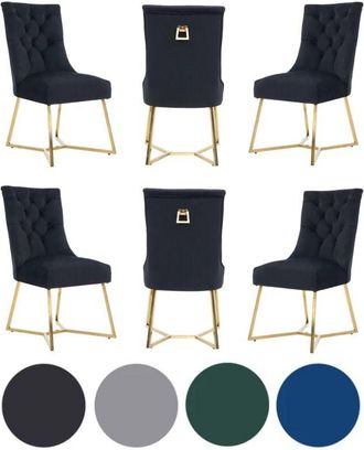 Life Interiors Set of 6 Black Ambra Modern Velvet Dining Chairs with Gold Legs & Ring Handle - Tufted Back, Plush Foam Seat, Luxury Accent Chair