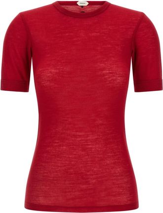 Versace Geborduurde wollen ribgebreide T-shirt - Dames - T-shirts - Rood - S - Wol - Tops